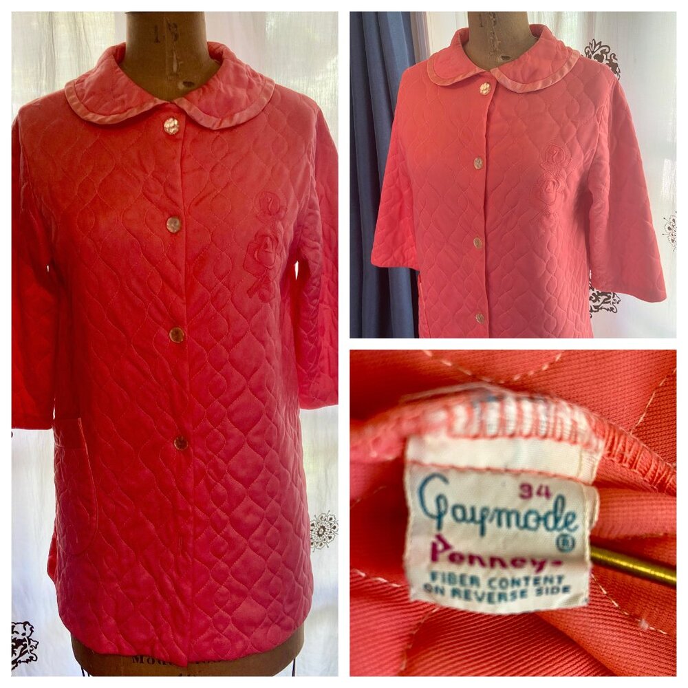 Vintage 60s GAYMODE Penneys Mod Orange Quilted House Coat Robe M Cottagecore
